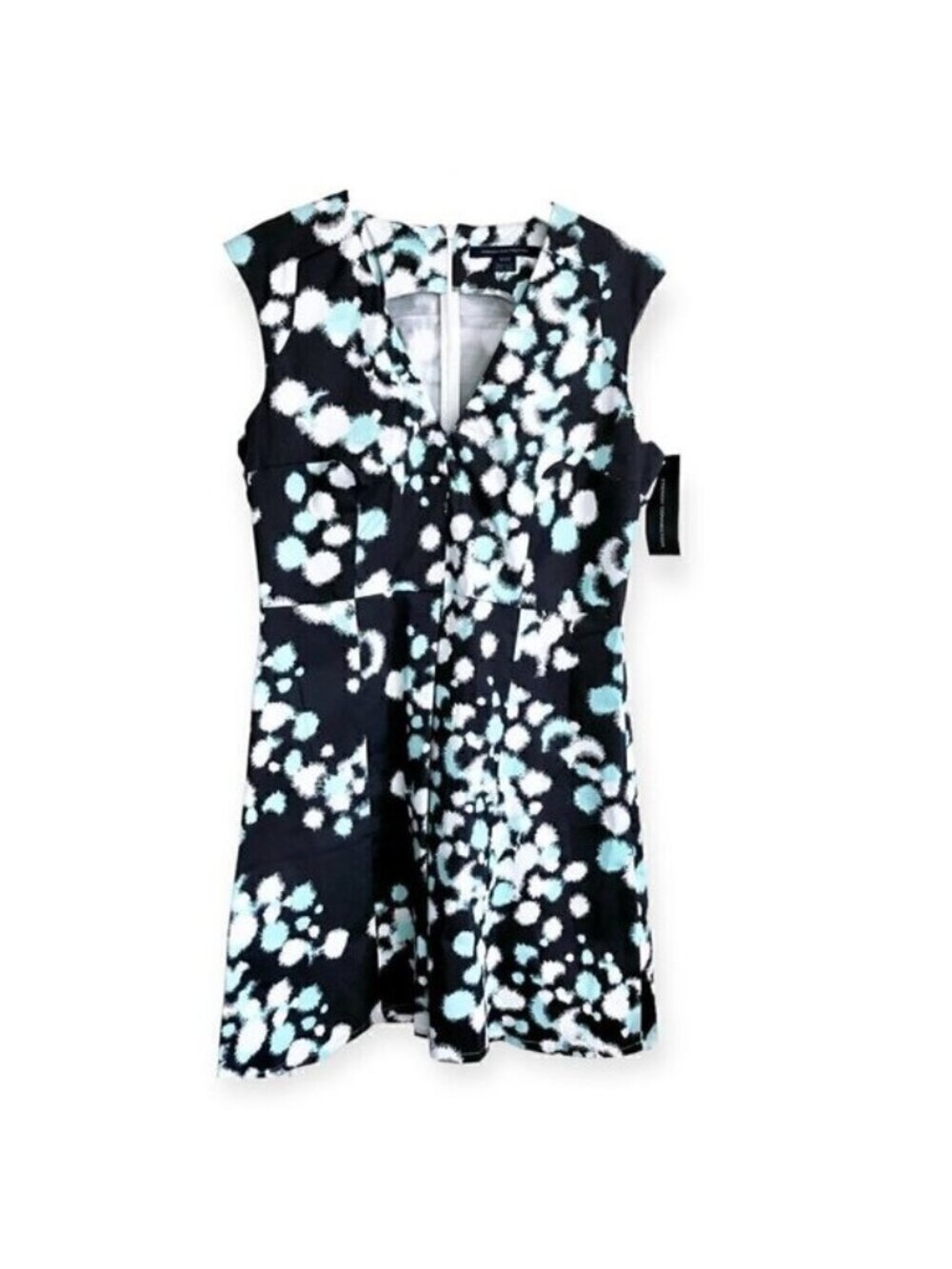 NWT French Connection fit & flare cotton mini dress. size 12, Gray, blue‎ print